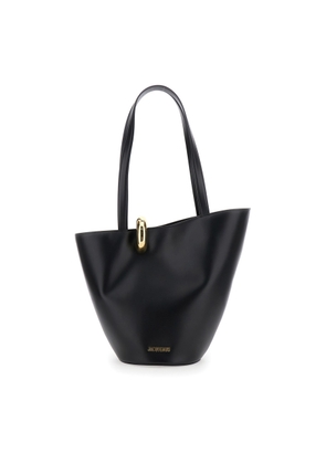 Jacquemus le Bambola Moyen Black Shoulder Bag With Front Metal Ring Closure And Embossed Logo Lettering On The Front In Leather