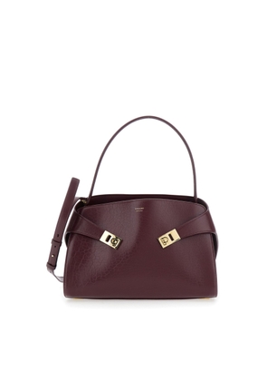 Ferragamo Hug Bordeaux Shoulder Bag With Logo Printed On Front In Hammered Leather