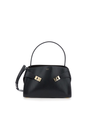 Ferragamo Hug Black Shoulder Bag With Logo Print On The Front In Leather