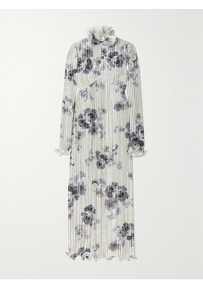 Erdem - Novella Ruffled Printed Plissé Stretch-satin Gown - Blue - UK 6,UK 8,UK 10,UK 12,UK 14,UK 16,UK 18