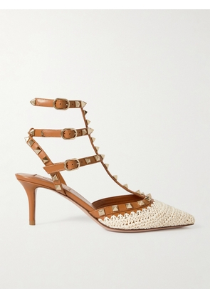 Valentino Garavani - Rockstud 65 Embellished Leather And Crocheted Raffia Pumps - Brown - IT36,IT36.5,IT37,IT37.5,IT38,IT38.5,IT39,IT39.5,IT40,IT40.5,IT41,IT41.5,IT42