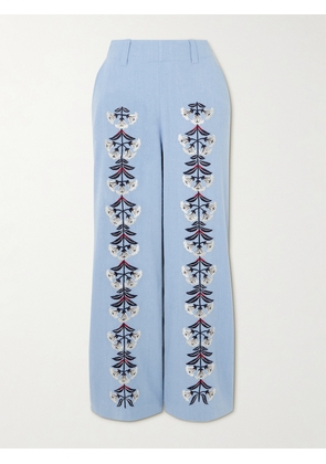 ALIX OF BOHEMIA - Charlie Embroidered Slubbed Silk Flared Pants - Blue - US0,US2,US4,US6,US8,US10,US12