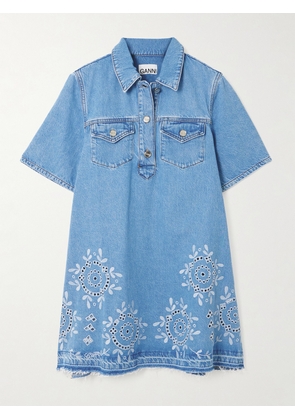 GANNI - Frayed Broderie Anglaise Denim Mini Shirt Dress - Blue - EU 32,EU 34,EU 36,EU 38,EU 40,EU 42,EU 44