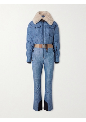 Moncler Grenoble - Belted Shearling-trimmed Down Ski Suit - Blue - xx small,x small,small,medium,large,x large