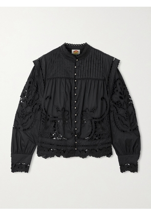 Farm Rio - Richilieu Pleated Broderie Anglaise Cotton Blouse - Black - xx small,x small,small,medium,large,x large