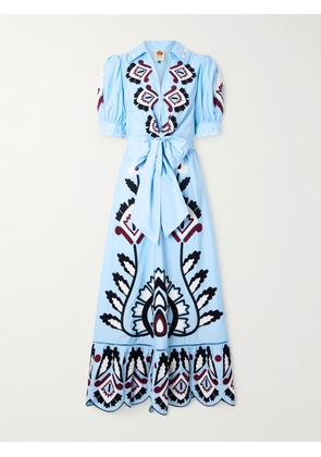 Farm Rio - Tie-front Scalloped Appliquéd Cotton-poplin Maxi Dress - Blue - xx small,x small,small,medium,large,x large