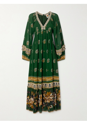 Farm Rio - Ayla Ruffled Printed Chiffon Maxi Dress - Green - xx small,x small,small,medium,large,x large