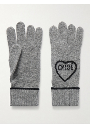 Chloé - Embroidered Wool And Cashmere-blend Gloves - Gray - One size
