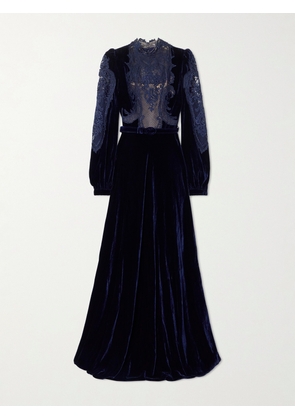 Costarellos - Belted Lace-paneled Velvet Gown - Blue - FR 34,FR 36,FR 38,FR 40,FR 42,FR 44,FR 46