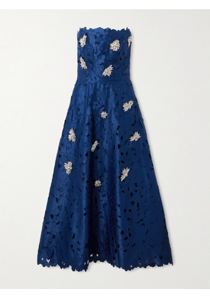 Costarellos - Strapless Crystal-embellished Corded Lace Midi Dress - Blue - FR 34,FR 36,FR 38,FR 40,FR 42,FR 44,FR 46