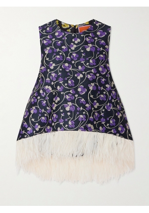 La DoubleJ - La Scala Asymmetric Feather-trimmed Metallic Jacquard Top - Purple - x small,small,medium,large