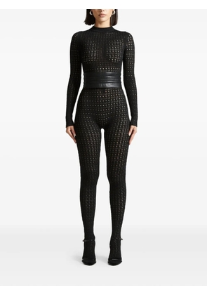 Manière De Voir Chantal pointelle-knit long-sleeve belted jumpsuit - Black