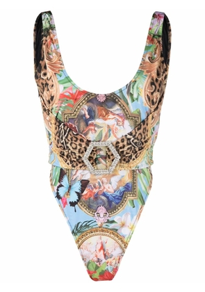 Philipp Plein graphic-print belted swimsuit - Brown