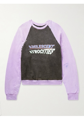LIBERAL YOUTH MINISTRY - Adolescent Atrocities Printed Distressed Cotton-Blend Jersey Sweatshirt - Men - Purple - XS