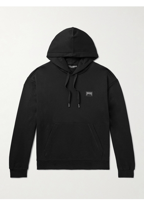 Dolce&Gabbana - Leather-Trimmed Logo-Appliquéd Cotton-Jersey Hoodie - Men - Black - IT 44