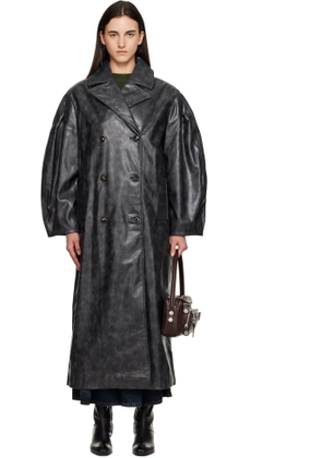 GANNI Black Distressed Leather Trench Coat