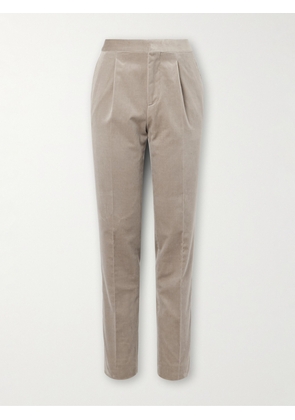 Brunello Cucinelli - Straight-Leg Pleated Satin-Trimmed Cotton-Velvet Tuxedo Trousers - Men - Neutrals - IT 46