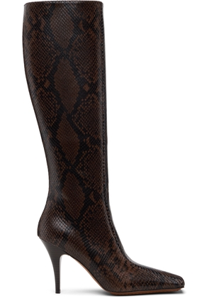 Stella McCartney Brown Square-Toe Snake Knee-High Stiletto Boots