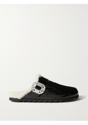 Roger Vivier - Viv Crystal-embellished Shearling-lined Patent-leather Clogs - Black - IT35,IT36,IT37,IT38,IT39,IT40,IT41