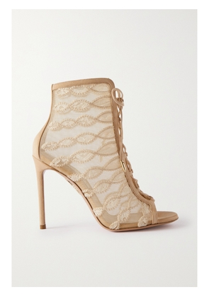 Aquazzura - After Dark Bootie 105 Suede And Lace-trimmed Mesh Ankle Boots - Pink - IT35,IT36,IT36.5,IT37,IT37.5,IT38,IT38.5,IT39,IT39.5,IT40,IT40.5,IT41,IT42