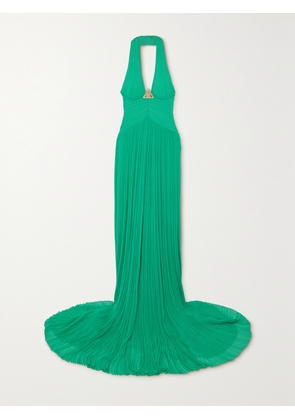 Balmain - Embellished Halterneck Plissé-knitted Gown - Green - FR 34,FR 36,FR 38,FR 40,FR 42,FR 44