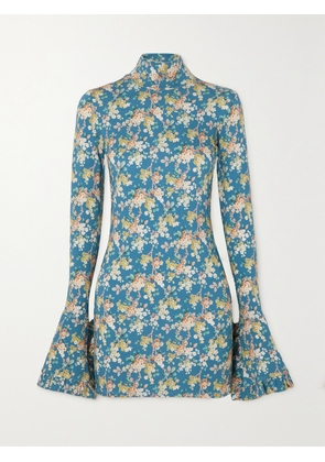 LES RÊVERIES - Open-back Ruffled Floral-print Stretch-jersey Turtleneck Mini Dress - Blue - US0,US2,US4,US6,US8,US10,US12