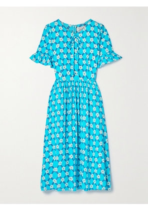 HVN - Willow Floral-print Sateen Midi Dress - Blue - US0,US2,US4,US6,US8,US10,US12