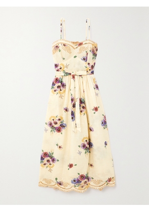 Miguelina - Betina Belted Printed Broderie Anglaise Linen Midi Dress - Yellow - x small,small,medium,large