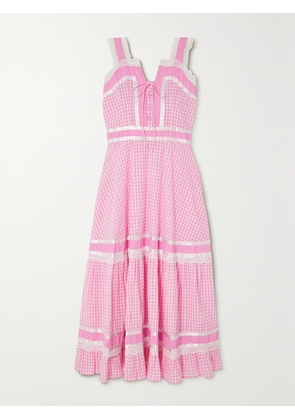 BATSHEVA - Meadow Tiered Satin And Lace-trimmed Gingham Cotton-poplin Maxi Dress - Pink - US0,US2,US4,US6,US8,US10,US12,US18