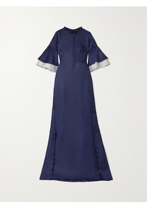 REEM ACRA - Button-embellished Ruffled Two-tone Satin-piqué Gown - Blue - x small,small,medium,large,x large,xx large