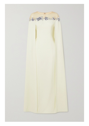 MARCHESA NOTTE - Cape-effect Embellished Embroidered Tulle-trimmed Stretch-crepe Gown - Ivory - US0,US2,US4,US6,US8,US10,US12,US14,US16