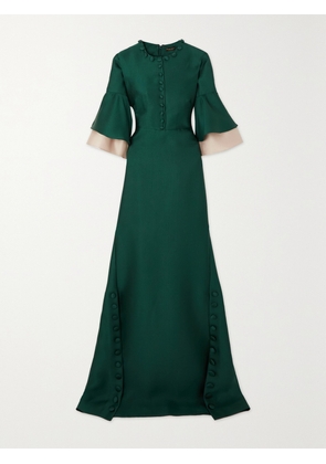 REEM ACRA - Button-embellished Ruffled Satin-piqué Gown - Green - x small,small,medium,large,x large,xx large