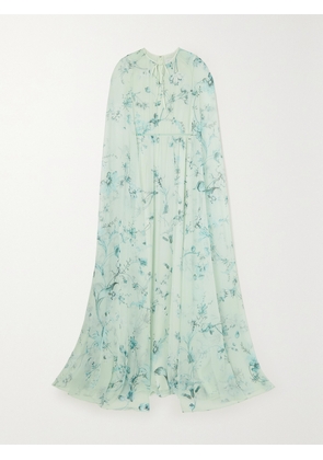 Erdem - Kenley Cape-effect Tie-detailed Floral-print Silk-voile Gown - Blue - UK 8,UK 10,UK 12,UK 14,UK 16,UK 18,UK 20,UK 22