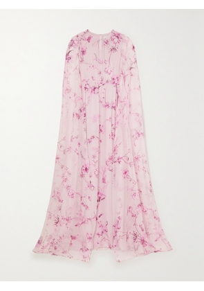 Erdem - Kenley Cape-effect Floral-print Silk-voile Gown - Pink - UK 8,UK 10,UK 12,UK 14,UK 16,UK 18,UK 20,UK 22