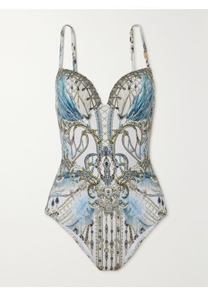 Camilla - Embellished Printed Stretch-econyl Swimsuit - Blue - x small,small,medium,large,x large,xx large