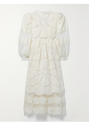 Ulla Johnson - Estrella Gathered Linen-voile And Crocheted Cotton Midi Dress - Off-white - US0,US2,US4,US6,US8,US10,US12