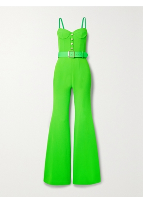 SERGIO HUDSON - Belted Nubuck-trimmed Neon Wool-crepe Jumpsuit - Green - US0,US2,US4,US6,US8,US10