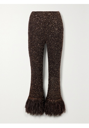Valentino Garavani - Feather-trimmed Sequin-embellished Knitted Flared Pants - Brown - x small,small,medium,large