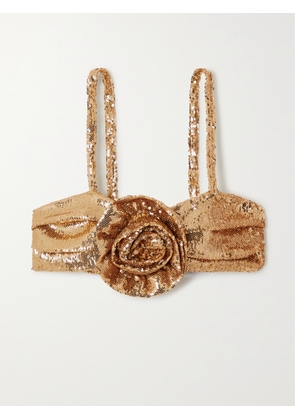 PATBO - Rosette Cropped Sequined Stretch-satin Top - Gold - US0,US2,US4,US6,US8,US10,US12