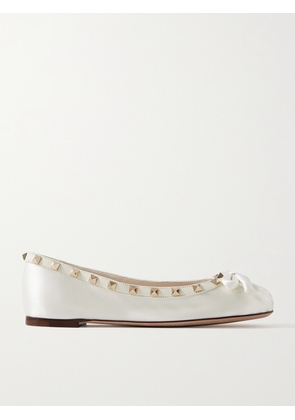 Valentino Garavani - Rockstud Leather-trimmed Bow-embellished Satin Ballet Flats - White - IT35,IT36,IT36.5,IT37,IT37.5,IT38,IT38.5,IT39,IT39.5,IT40,IT40.5,IT41,IT42