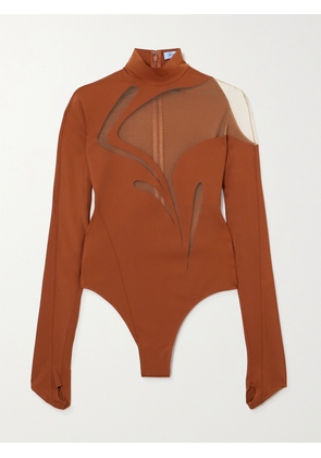 MUGLER - Stretch-jersey And Tulle Bodysuit - Brown - FR 34,FR 36,FR 38,FR 40,FR 42