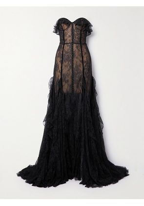 Costarellos - Rosaline Strapless Velvet-trimmed Ruffled Lace Gown - Black - FR 34,FR 36,FR 38,FR 40,FR 42,FR 44