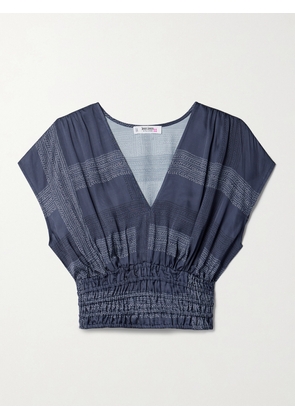 lemlem - + Net Sustain Alia Cropped Shirred Printed Charmeuse Top - Blue - x small,small,medium,large
