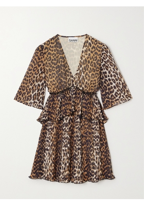GANNI - + Net Sustain Pleated Leopard-print Recycled-georgette Mini Dress - Animal print - EU 34,EU 36,EU 38,EU 40,EU 42,EU 44
