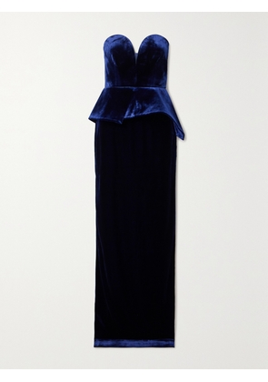 ROLAND MOURET - Strapless Stretch-velvet Peplum Gown - Blue - UK 4,UK 6,UK 8,UK 10,UK 12,UK 14,UK 16