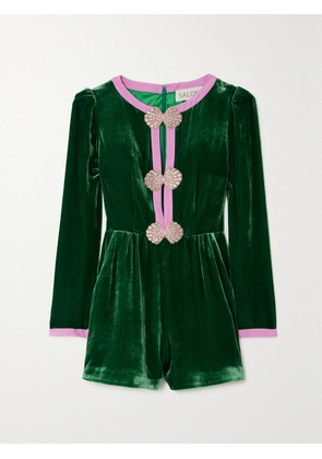 Saloni - Camille Embellished Silk Crepe-trimmed Velvet Playsuit - Green - UK 4,UK 6,UK 8,UK 10,UK 12,UK 14,UK 16
