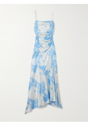 GANNI - Ruched Asymmetric Printed Recycled-satin Midi Dress - Blue - EU 34,EU 36,EU 38,EU 40,EU 42,EU 44