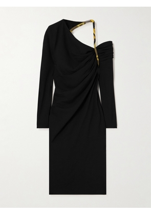 Versace - Asymmetric Open-back Draped Printed Silk Twill-trimmed Cady Midi Dress - Black - IT36,IT38,IT40,IT42,IT44,IT46
