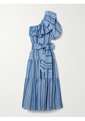 Lisa Marie Fernandez - Arden Belted One-sleeve Ruffled Striped Linen-blend Maxi Dress - Blue - 01,2,3,4