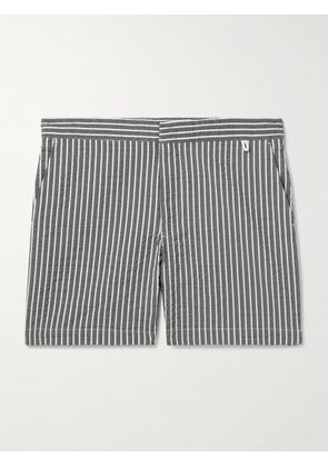 Mr P. - Straight-Leg Mid-Length Striped Seersucker Swim Shorts - Men - Black - XS